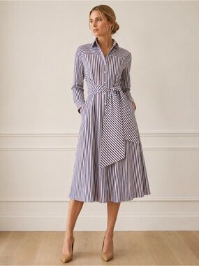 J.Crew Blue White Striped Belted Midi Shirt Dress Size 2 Button Front